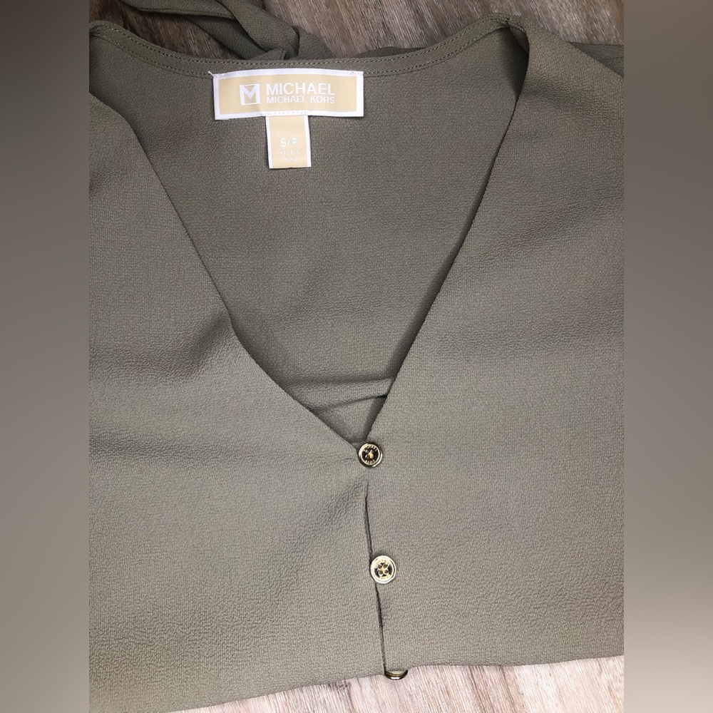 Michael Kors V-Neck Green Blouse Size Small With Buttons and Tie Front